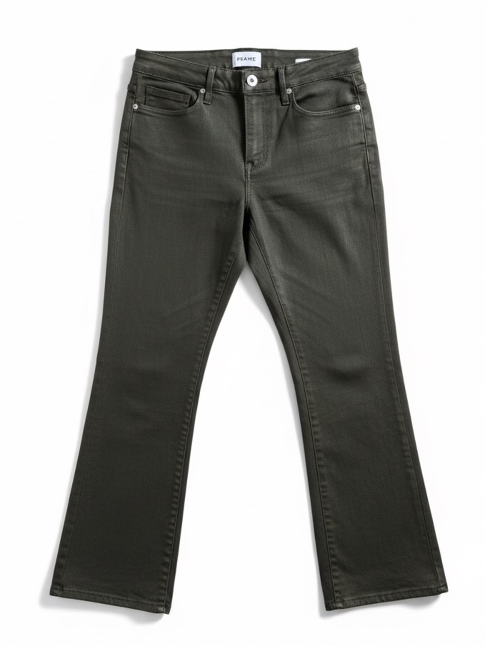 FRAME Le Crop Mini Boot Coated Jeans Olive Green Leather Look Size 29 - Picture 1 of 11